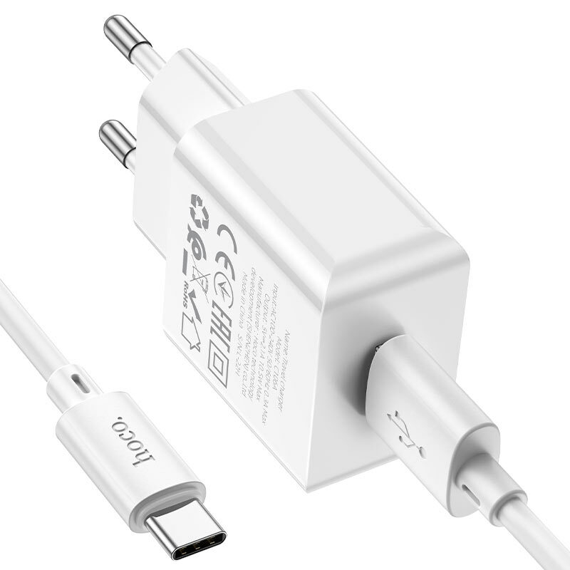 Chargeur mural à port unique de loisirs Hoco C106A, ensemble EU, câble USB TC