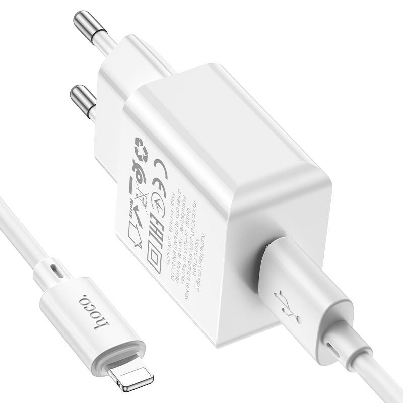 Chargeur mural à port unique de loisirs Hoco C106A, ensemble EU, câble USB LTN