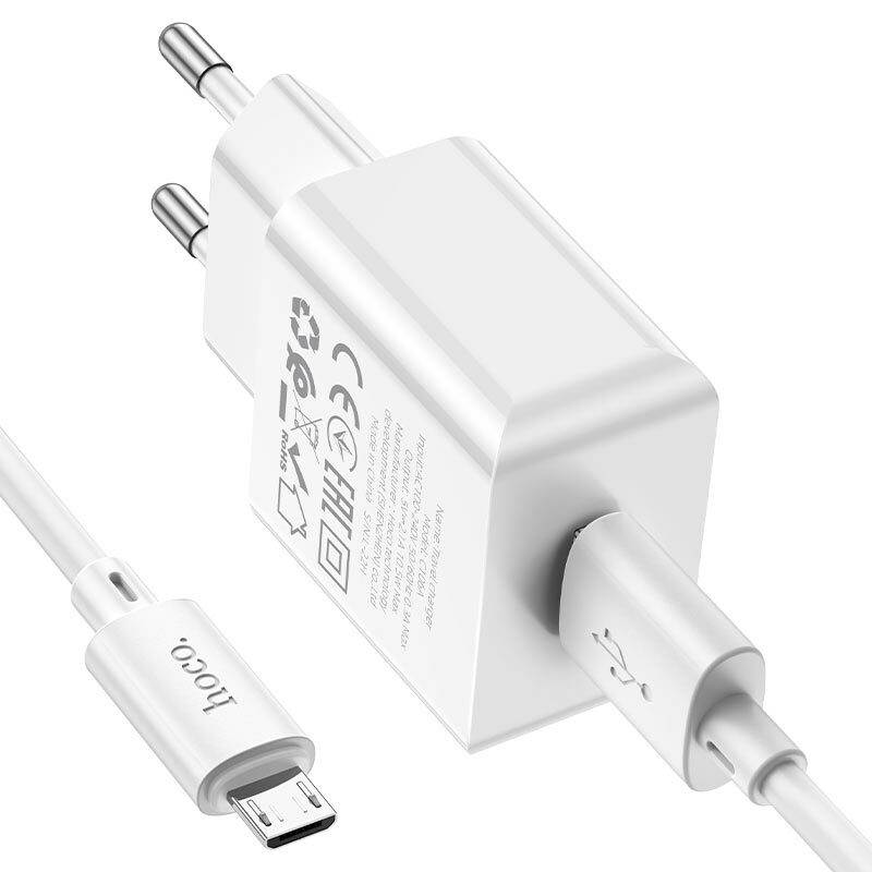 Chargeur mural à port unique de loisirs Hoco C106A, ensemble EU, câble USB MUSB