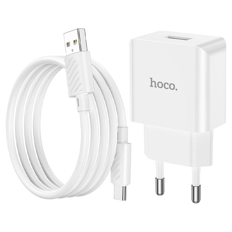 Chargeur mural à port unique pour loisirs Hoco C106A, ensemble EU, câble USB TC
