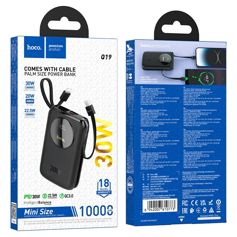 Banque d'alimentation entièrement compatible hoco q19 lucky 30w 10000mah emballage noir