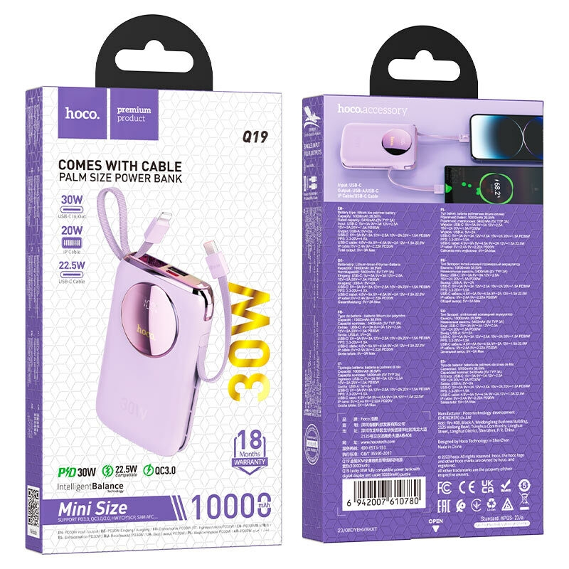 hoco q19 lucky 30w banque d'alimentation entièrement compatible 10000mah emballage violet