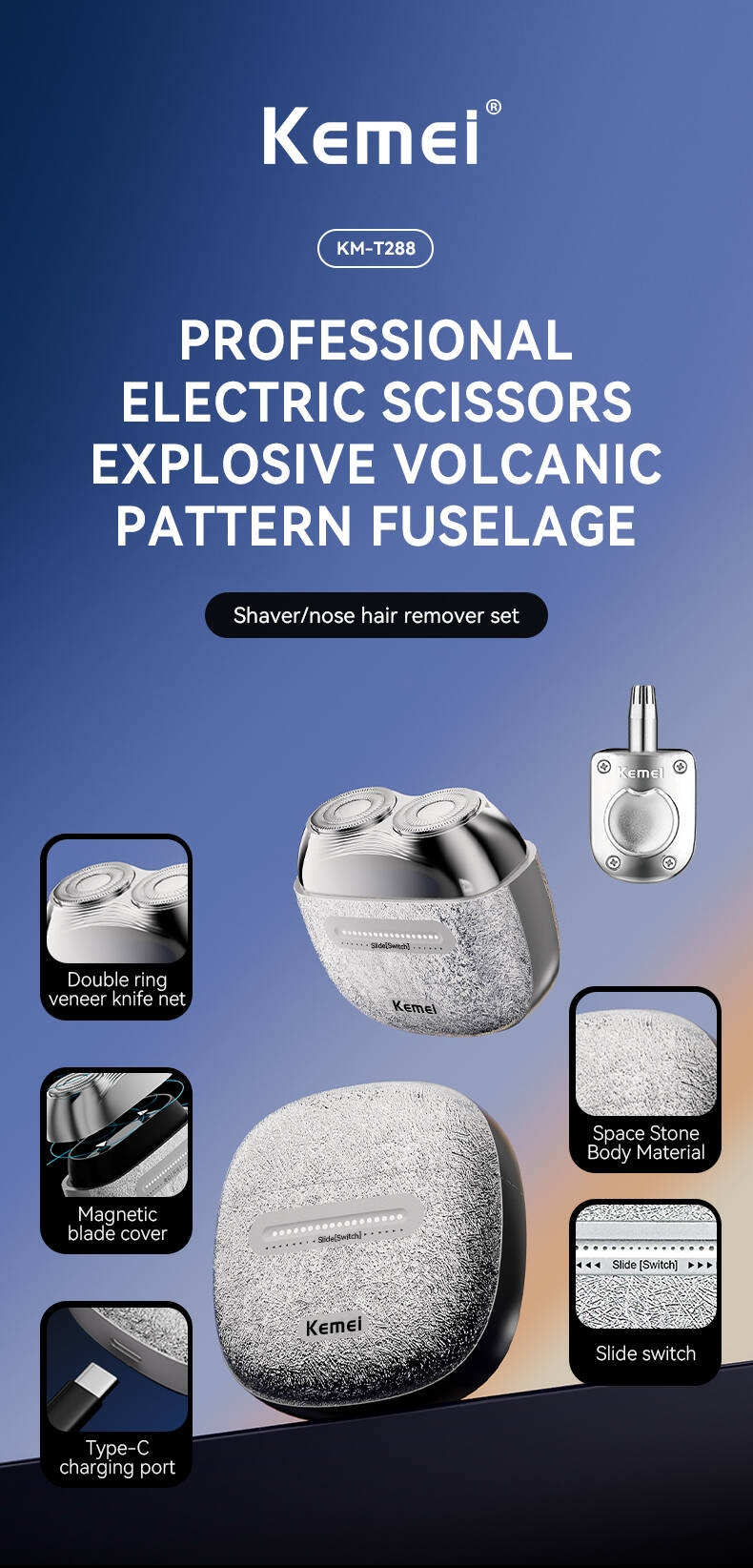 KEMEI km-t288 Pocket Size Waterproof Razor Mini Electric Shaver Cordless Beard Razor Replacement Shaver Manual Nose Hair Device supplier