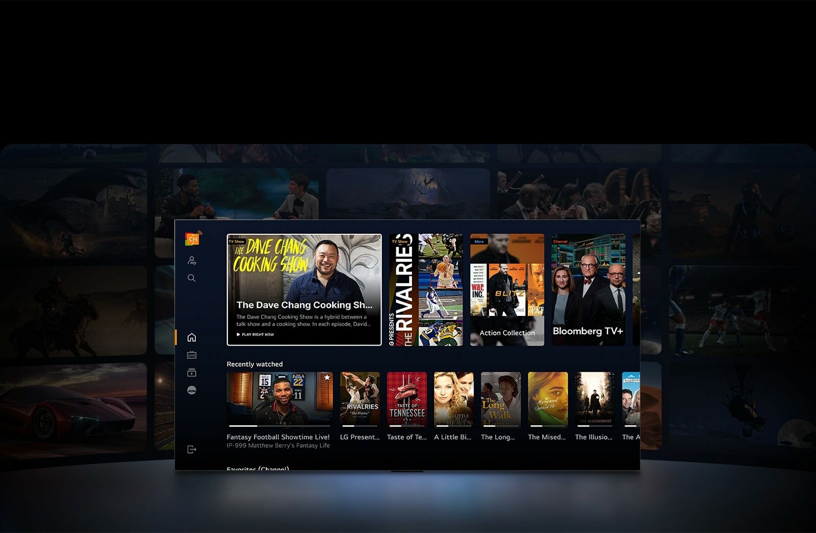 Un téléviseur LG au premier plan montrant une sélection de vignettes de films et séries télé. Les textes « Action Collection », « Bloomberg TV+ » et « Récemment regardé » figurent dans l’image. L’espace devant le téléviseur est légèrement illuminé, comme si la lumière provenait du téléviseur. Derrière le téléviseur, dans l’obscurité, se trouvent d’autres vignettes de films et d’émissions de télévision.