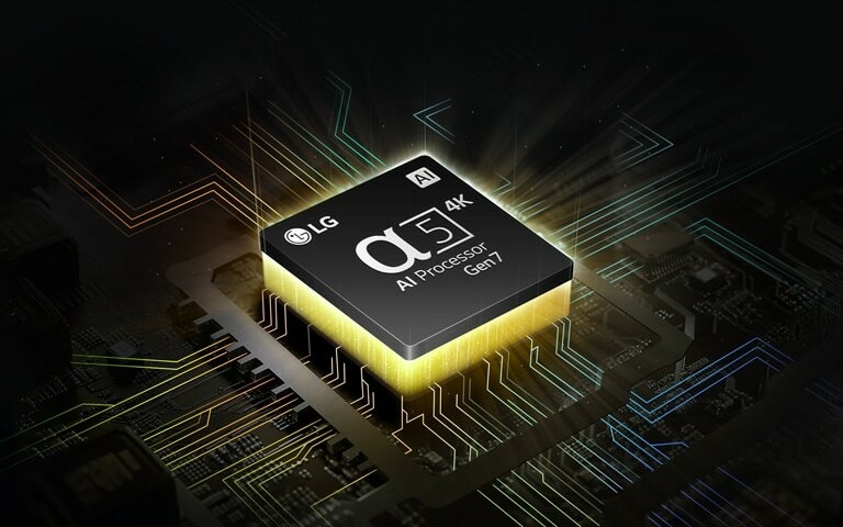 Processeur alpha 5 AI 4K de 7e génération de LG avec une lumière jaune émanant du dessous et des circuits imprimés colorés partant du processeur AI.