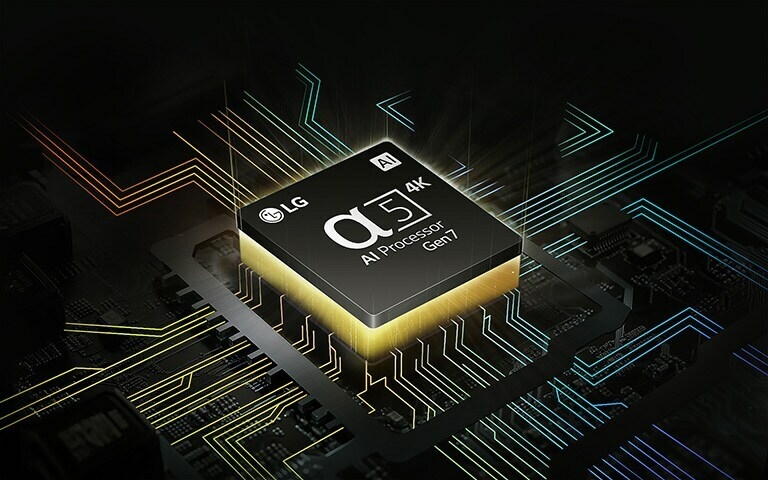 Processeur alpha 5 AI 4K de 7e génération de LG avec une lumière jaune émanant du dessous et des circuits imprimés colorés partant du processeur AI.