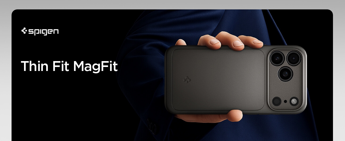 Le texte indique « Thin Fit MagFit ». Vue rapprochée de l'étui de téléphone noir mince avec découpe pour appareil photo, probablement pour le modèle iPhone.