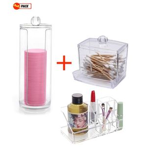 Boîte de Rangement pour Coton Tige, Distributeur de Coton Tige, 3  Compartiment Organiseur de Maquillage avec