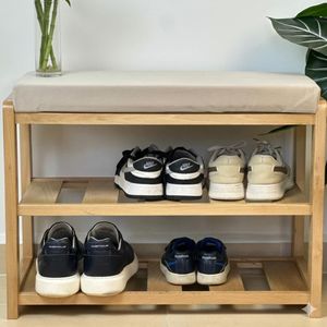 Porte-chaussures 60cm en bois de hêtre avec assise en tissu anti-tache Beige