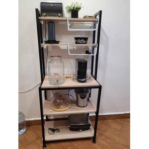 Étagère de Cuisine Multifonction – Support Micro-Ondes, Rangement avec Étagères – Bois Chêne et Acier Noir – 70x40x165 cm