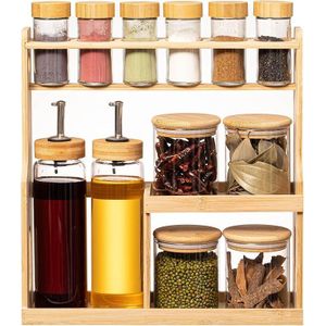 Présentoir à Épices de Luxe en Bambou – Organisateur de Cuisine Complet avec 12 Pièces (Bocaux, Huiliers et Pots)