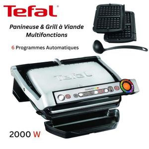 Tefal Panineuse et Grill À Viande Électrique 2000W - 6 Programmes De Cuisson avec Plaque Gaufres et Control De Temperature - OptiGrill+ GC716D12