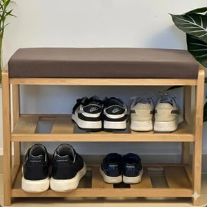 Porte-chaussures 60cm en bois de hêtre avec assise en tissu anti-tache Marron