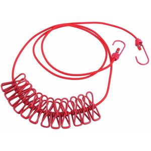 حبل غسيل مرن محمول مع 12 خطاف للملابس - أحمر