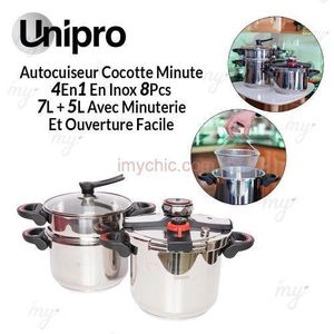 Unipro Autocuiseur Cocotte Minute 4En1 En Inox 8Pcs 7L + 5L Avec Minuterie Et Ouverture Facile UP-CM5+7M