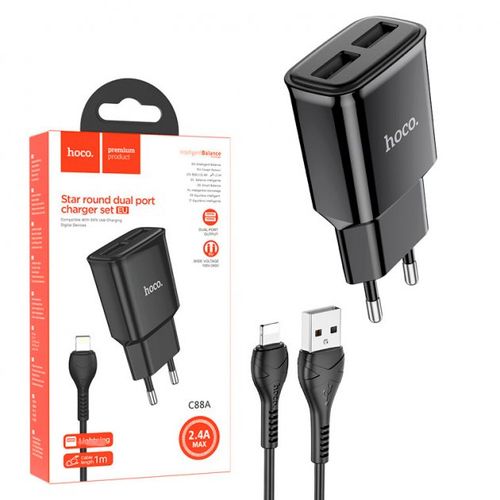 Chargeur voiture 2 ports USB 2,4A + câble iPhone - noir - Freaks and Geeks