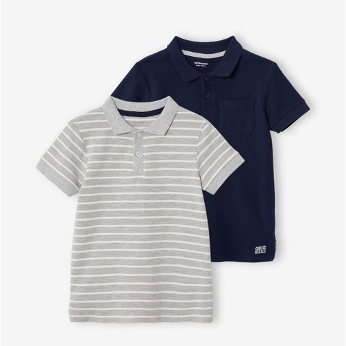 product_image_name-Vertbaudet-Pack de 2 Polos Garçons en Maille Piquée - 1 Bleu ardoise + 1 Rayé-1
