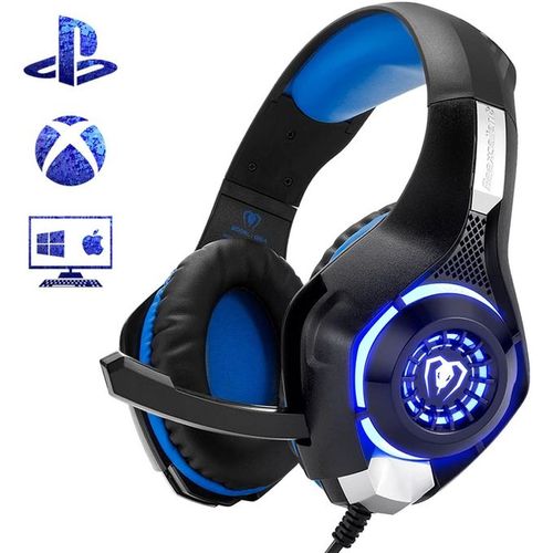 Casque avec micro et lumière LED pour téléphone portable PS4, bleu