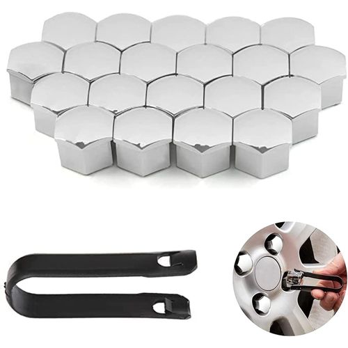 Capuchons Écrou Roue LEIBOCHAO - 20 Pièces 17mm - Argenté - Avec Outil De Démontage - Universel