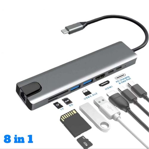 Adaptateur HUB 8 en 1 USB-C type-c to HDMI/RJ45/2*Type-C/SD/Micro