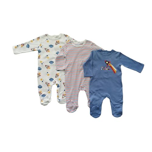 Lot de 03 Combinaisons Bodys Bébé – En Coton Biologique – Bleu et