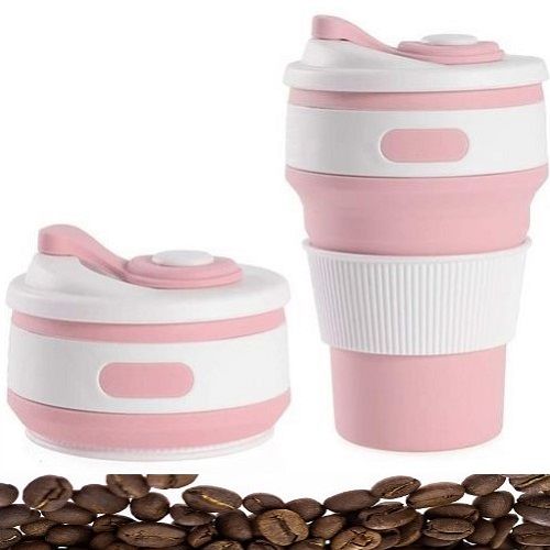 Tasse à café pliable en silicone avec couvercles 350 Ml - Rose