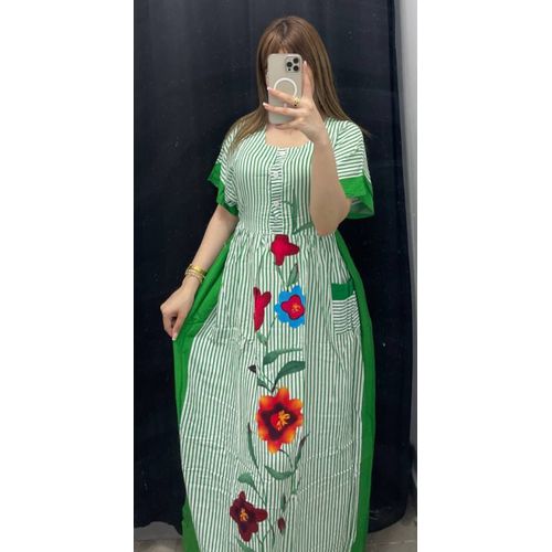 product_image_name-Générique-Robe Pour Femme - Motif a Fleur Cotton 100% - Vert/Blanc-4