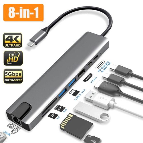 Adaptateur HUB 8 en 1 USB-C type-c to HDMI/RJ45/2*Type-C/SD/Micro SD/2*USB  3.0 - Prix en Algérie