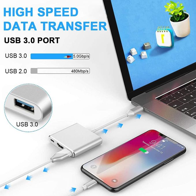 Hub Adaptateur Multiport 5 In 1 - Type-C 3.1 To Hdmi 4K + Usb 3.0 + RJ45-  Gris - Prix en Algérie