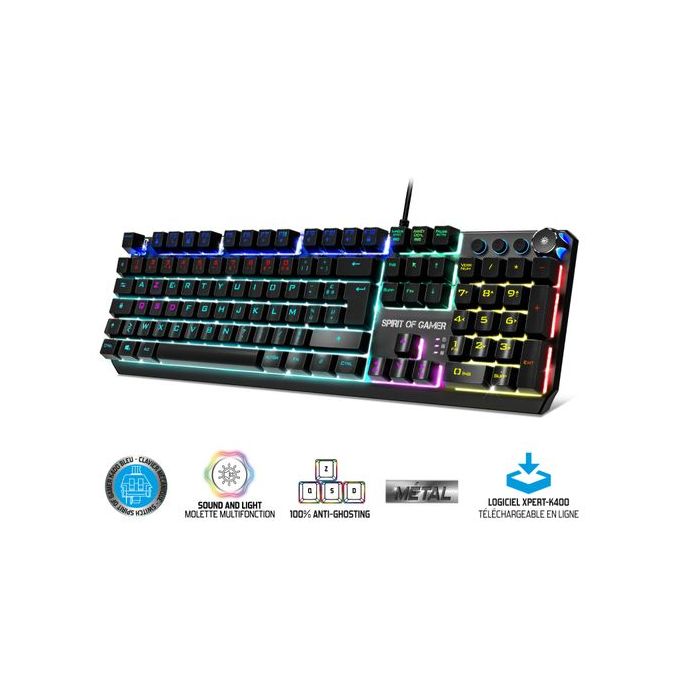 Clavier mécanique gamer xpert-k400 switch bleu rétro-éclairage rgb 20 modes  - chassis métal + logiciel SPIRIT OF GAMER Pas Cher 