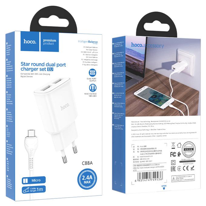 Chargeur Double Entrée USB-A 2.4A Câble Micro USB Blanc