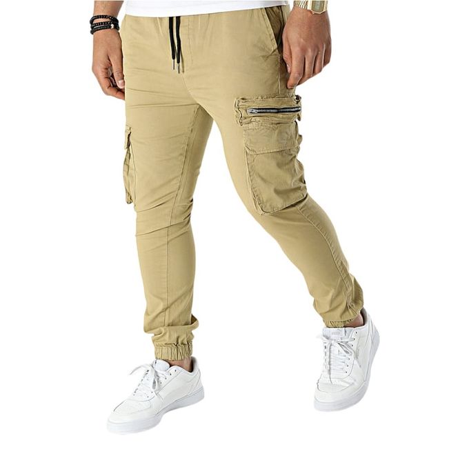 Pantalon cargo beige coupe droite détail zip aux chevilles