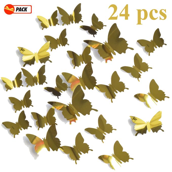 Pack 24 Stickers Muraux 3D Papillons 2X12 Effet Miroir
