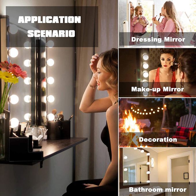 LED Miroir Coiffeuse 10 Ampoules, Lumière 3 Couleurs et 10 Intensités,  Adaptateur et Interrupteur, USB Câble