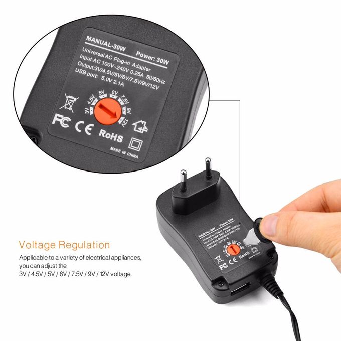 Adaptateur d'alimentation universel AC vers DC 30W avec port USB 5V 2,1A,  chargeur d