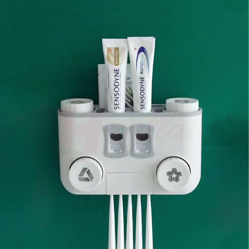  Distributeur Automatique Dentifrice 2Tubes Avec Porte 5 Brosse a Dents, 4 Verres