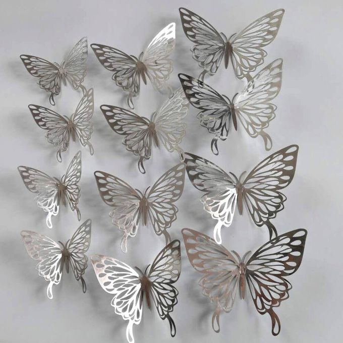  Autocollant Stickers Muraux Papillons 3D 12 pcs - Décoration De Maison Chambre Salon Argent