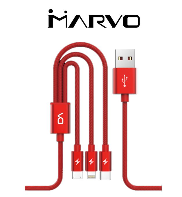  Marvo Câble De Charge 3 en 1 Pour Smartphone-Type C+Iphone +Micro USB-1.2 Mètres-Rouge
