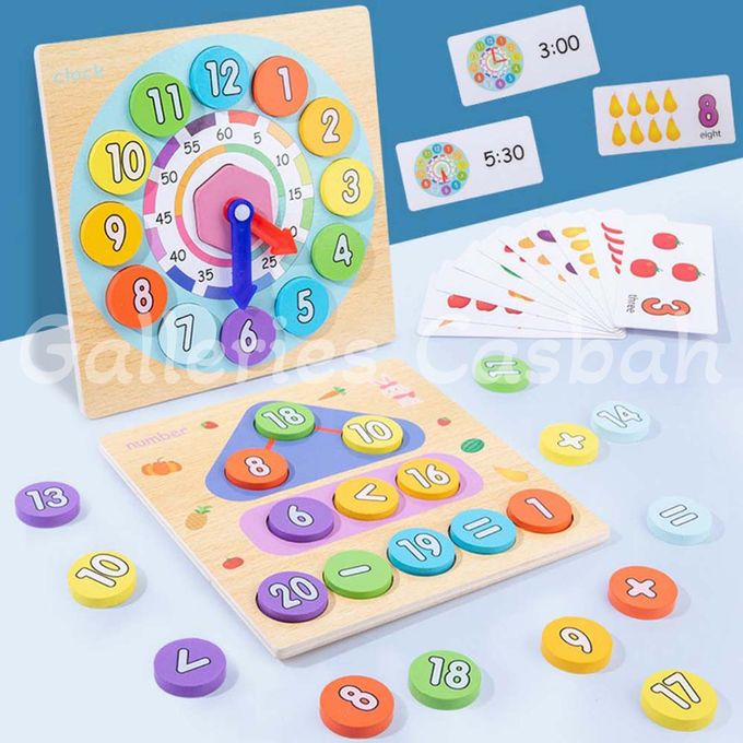  Jeu éducatif en bois 2 en 1 apprentissage horloge-calcul