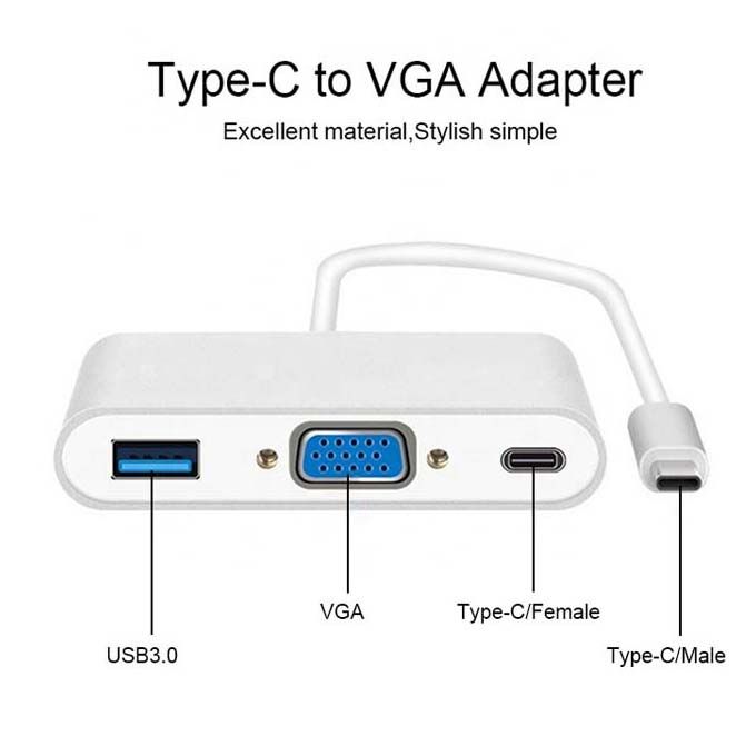  Adaptateur 3 En 1 Usb-C Type-C Vers To Vga + Usb 3.0 + Type-C Pd 1080P 60Hz