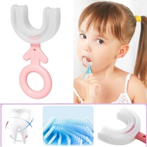  Brosse à dents en Silicone souple en forme de U pour enfants, 360 degrés, soins buccaux - rose