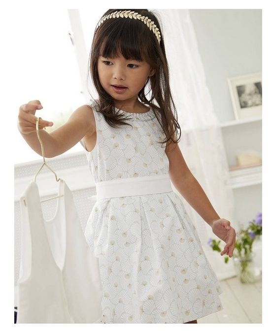  Vertbaudet Robe de Cérémonie Fille  – Avec Ceinture – Motifs Coquillages - Blanche