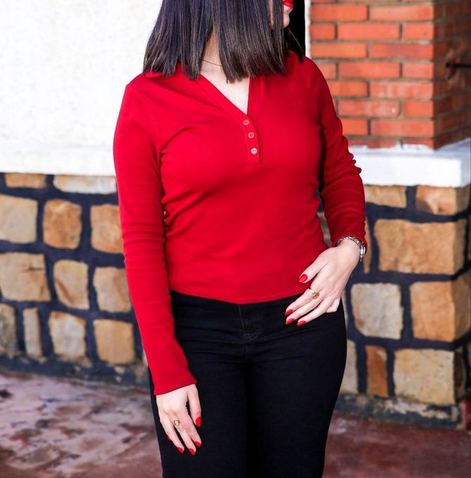  Pull Manches Longues Pour Femme - Fermeture Boutonnée - Rouge