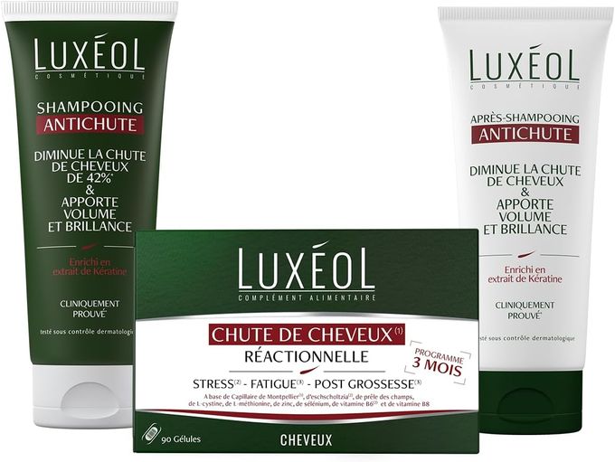  Luxéol Pack 3 Produits Cheveux - Chute De Cheveux - Complément Alimentaire Réactionnelle 90 Gélules (3 mois) + Shampooing & Après-Shampooing Antichute 200ml - Fabriqués En Europe