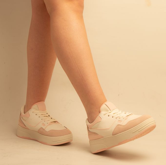  Ideal Shoes Basket Femme - Simili Cuir - Blanche Et rose