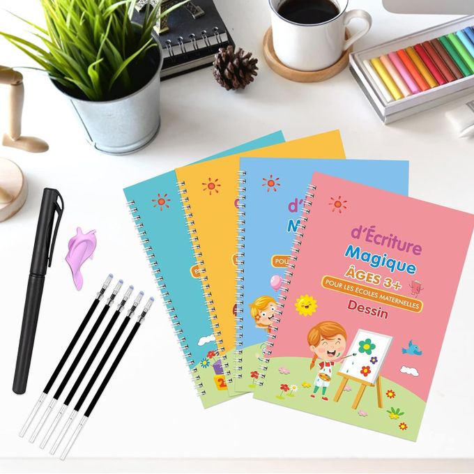  4 cahiers magique préscolaire réutilisable aide a l'écriture pour enfant