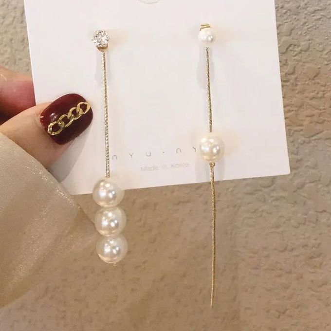  Boucles D'oreilles Longues Asymétriques - Plaquées En Or Vrai - 18 Carats - Avec Perles En Cristal Brillant Et Perles - Style Coréen