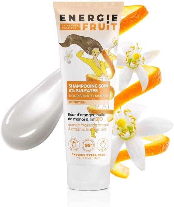  Energie Fruit Shampoing sans Sulfates pour Cheveux Très Secs Abimés Monoï OrangerHuile de Lin Bio 250 ml
