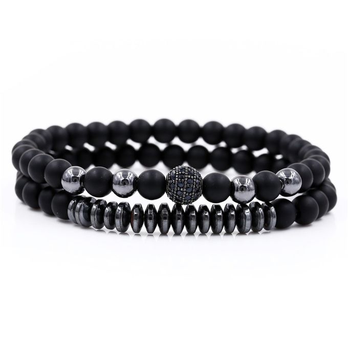 Bracelet "Haldir" Ensemble 2pcs en Perles Noires d'Hématite Mate