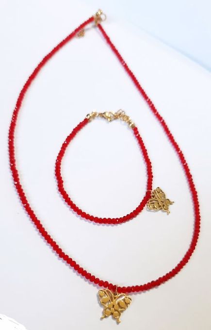  Collier + Gourmette   Acier Inoxydable- Rouge